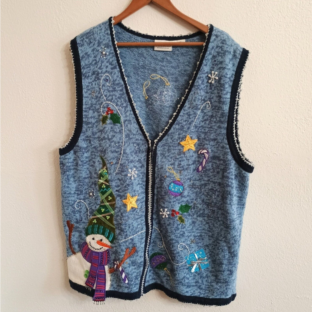Vintage White Stag Snowman Blue Embroidered Beaded Sweater Vest Zip Up Size 16W